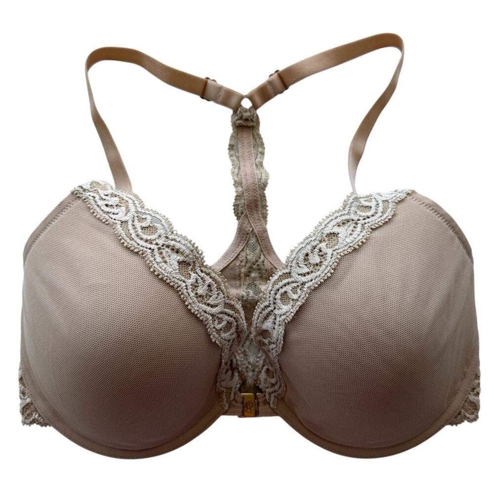Natori 735023 Feathers Front-Close T-Back Bra Lace Accents Beige Nude Size 32DD